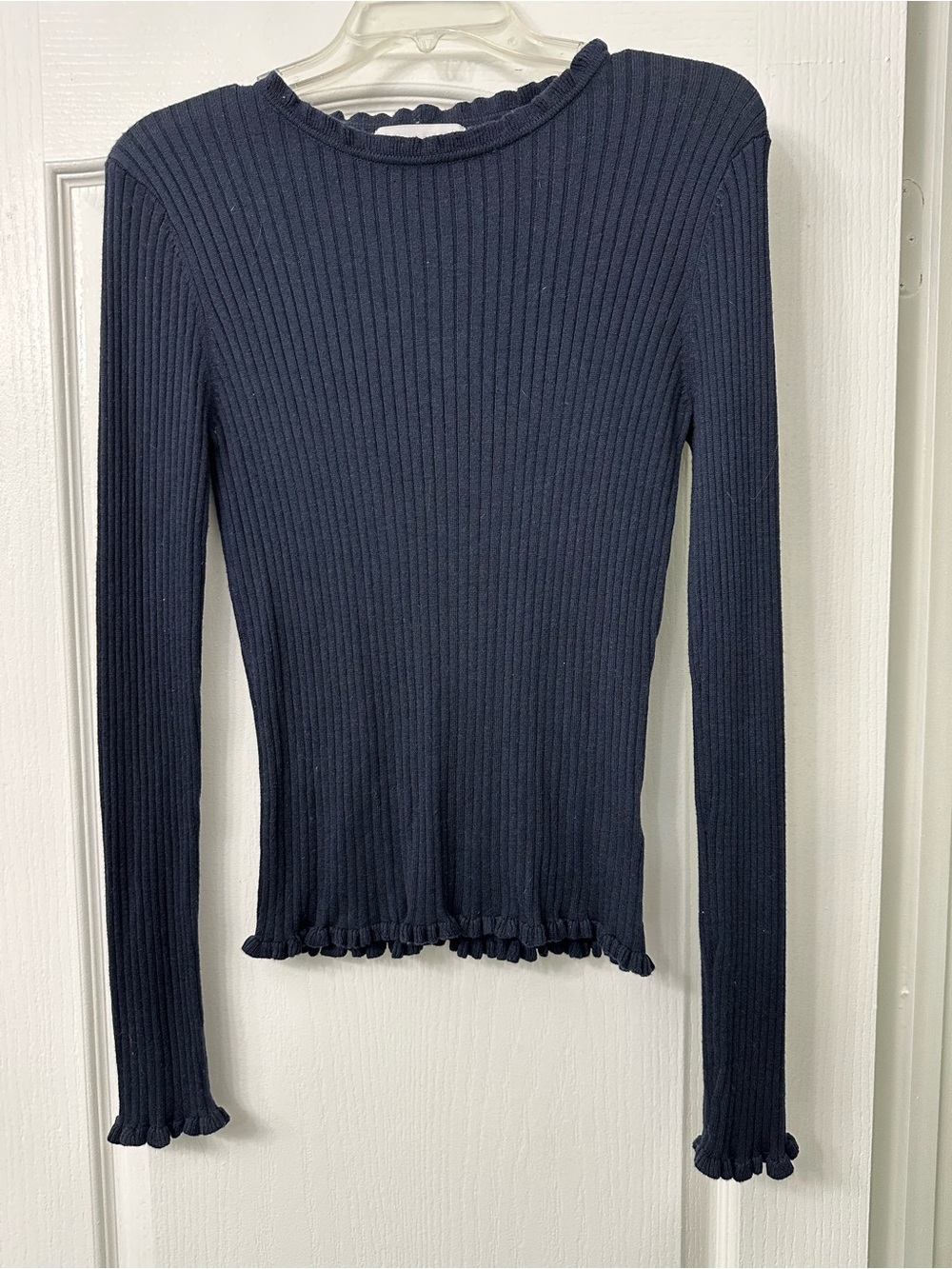 John + Jenn Navy Ribbed Long-Sleeve Lettuce Edge Top
